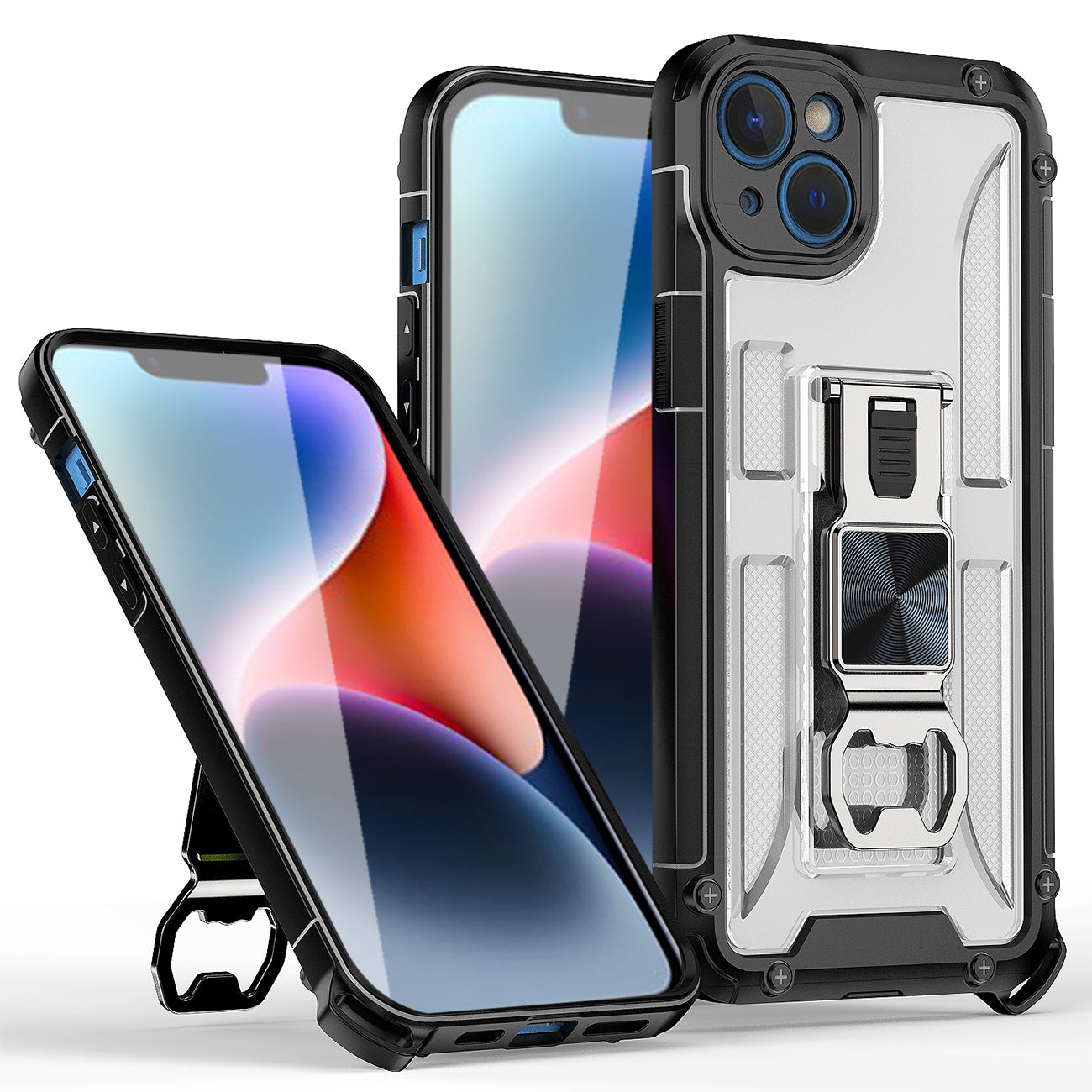 Kickstand Ring Holder/Bottle Opener with Magnetic Car Mount for IPHONE 14 PLUS In Clear